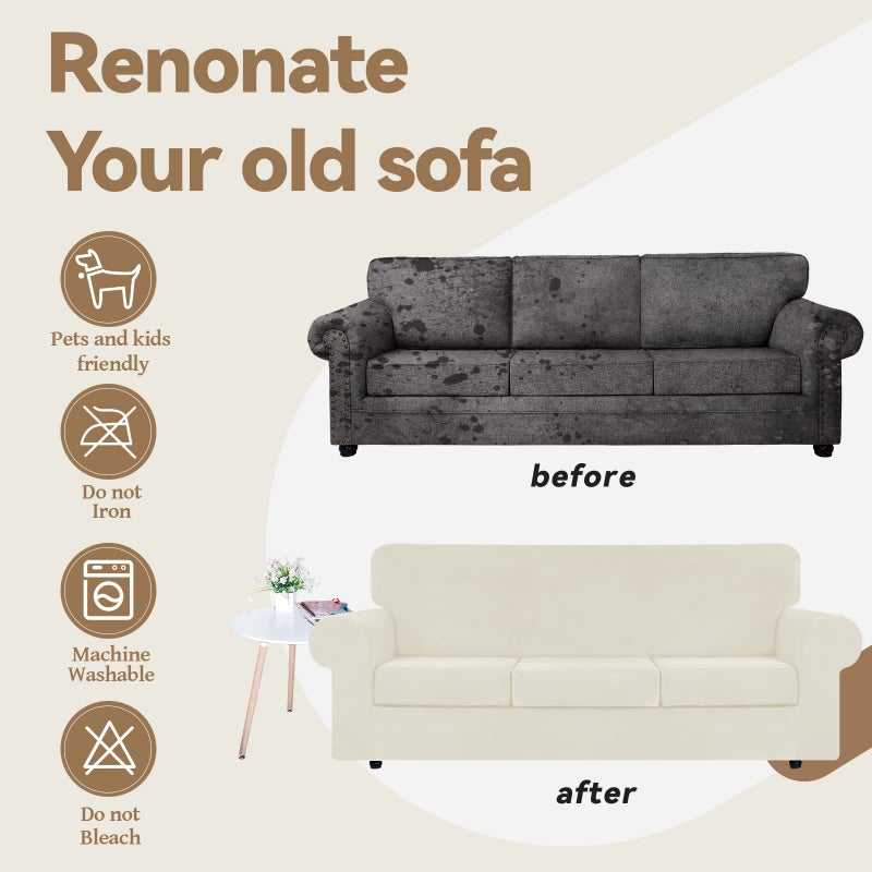 WEERRW 4 Pieces Velvet High Stretch Couch Covers for 3 Cushion Couch Sofa Slipcovers, Washable Furniture Protector with Non Slip Elastic Bottom, Feature Soft and Thick Plush Fabric, Ivory, Large - Image 5