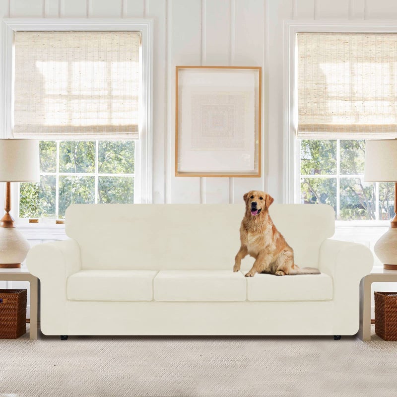 WEERRW 4 Pieces Velvet High Stretch Couch Covers for 3 Cushion Couch Sofa Slipcovers, Washable Furniture Protector with Non Slip Elastic Bottom, Feature Soft and Thick Plush Fabric, Ivory, Large - Image 2