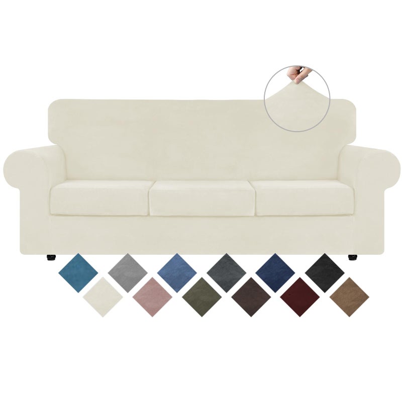 WEERRW 4 Pieces Velvet High Stretch Couch Covers for 3 Cushion Couch Sofa Slipcovers, Washable Furniture Protector with Non Slip Elastic Bottom, Feature Soft and Thick Plush Fabric, Ivory, Large - Image 1