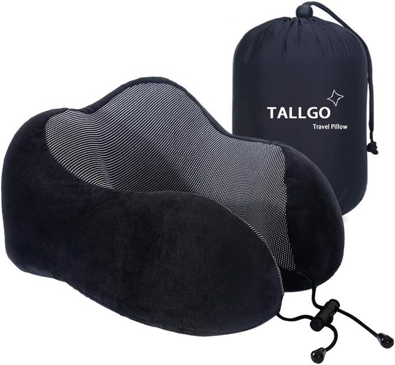 TALLGO وسادة سفر، أفضل وسادة رقبة من فوم الذاكرة لدعم الرأس ناعمة للنوم والراحة، للاستخدام في الطائرة والسيارة والمنزل (أسود) - Image 1