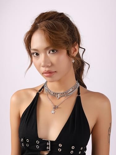 Sacina Goth Layered Silver-tone Star Choker Necklace, Gothic Punk Grunge Emo Necklace, Christmas Jewelry Gift for Women - Image 2