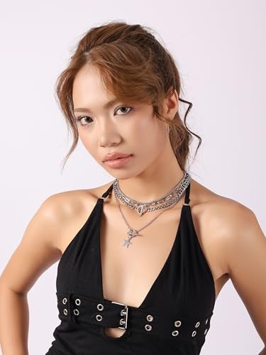 Sacina Goth Layered Silver-tone Star Choker Necklace, Gothic Punk Grunge Emo Necklace, Christmas Jewelry Gift for Women - Image 4