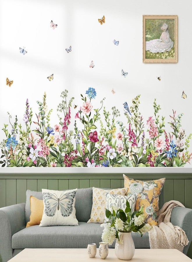 wondever Wildflower Grass Butterflies Wall Corner Stickers Garden Floral Baseboard Skirting Line Peel and Stick Wall Art Decals for Bedroom Living Room Sofa - Image 1