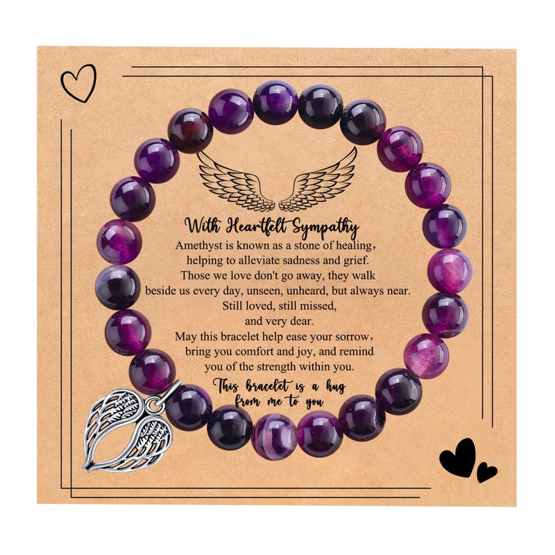 BABORI Sympathy Gifts for Loss of Loved One Memorial Bereavement Healing Remembrance Condolence Grief Gift for Women Purple Beads Bracelet With Wings Jewelry - Image 1