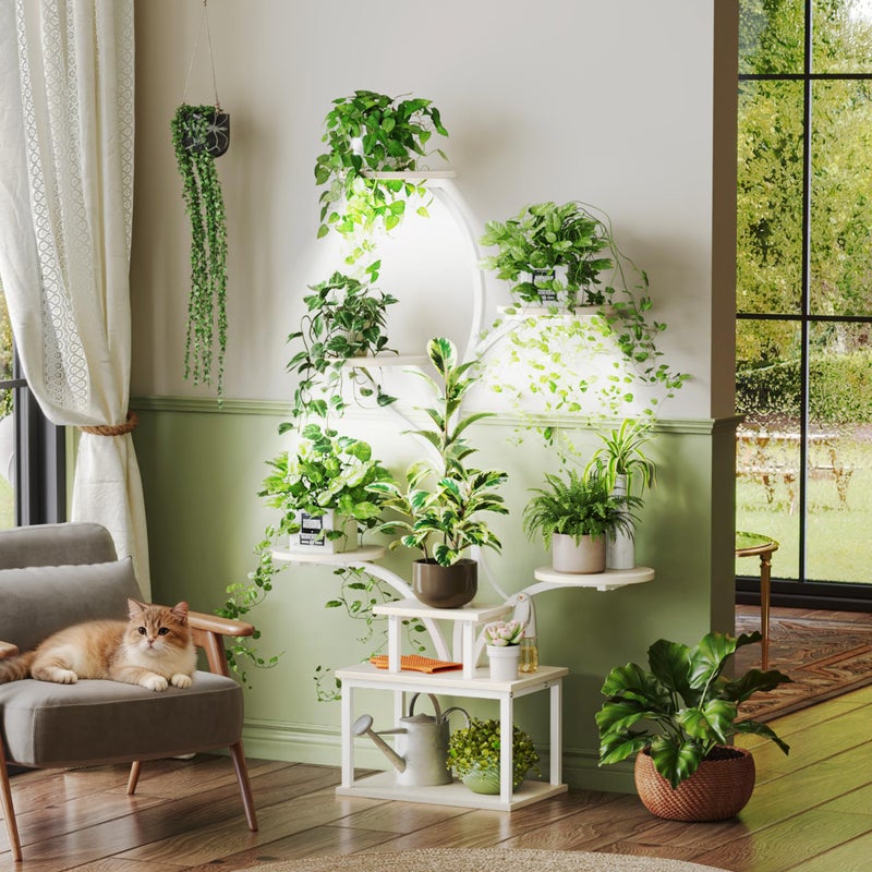 PRAISUN 51 Inch Plant Stand with Grow Lights, 8 Tiered Indoor Plant Shelf with Larger Flower Holder, Curved-tubed Design, 3 Light Modes, Corner Plant Rack for Living Room, Oak - Image 4