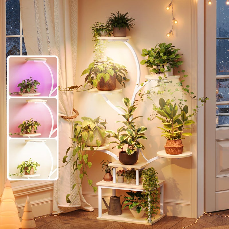 PRAISUN 51 Inch Plant Stand with Grow Lights, 8 Tiered Indoor Plant Shelf with Larger Flower Holder, Curved-tubed Design, 3 Light Modes, Corner Plant Rack for Living Room, Oak - Image 1
