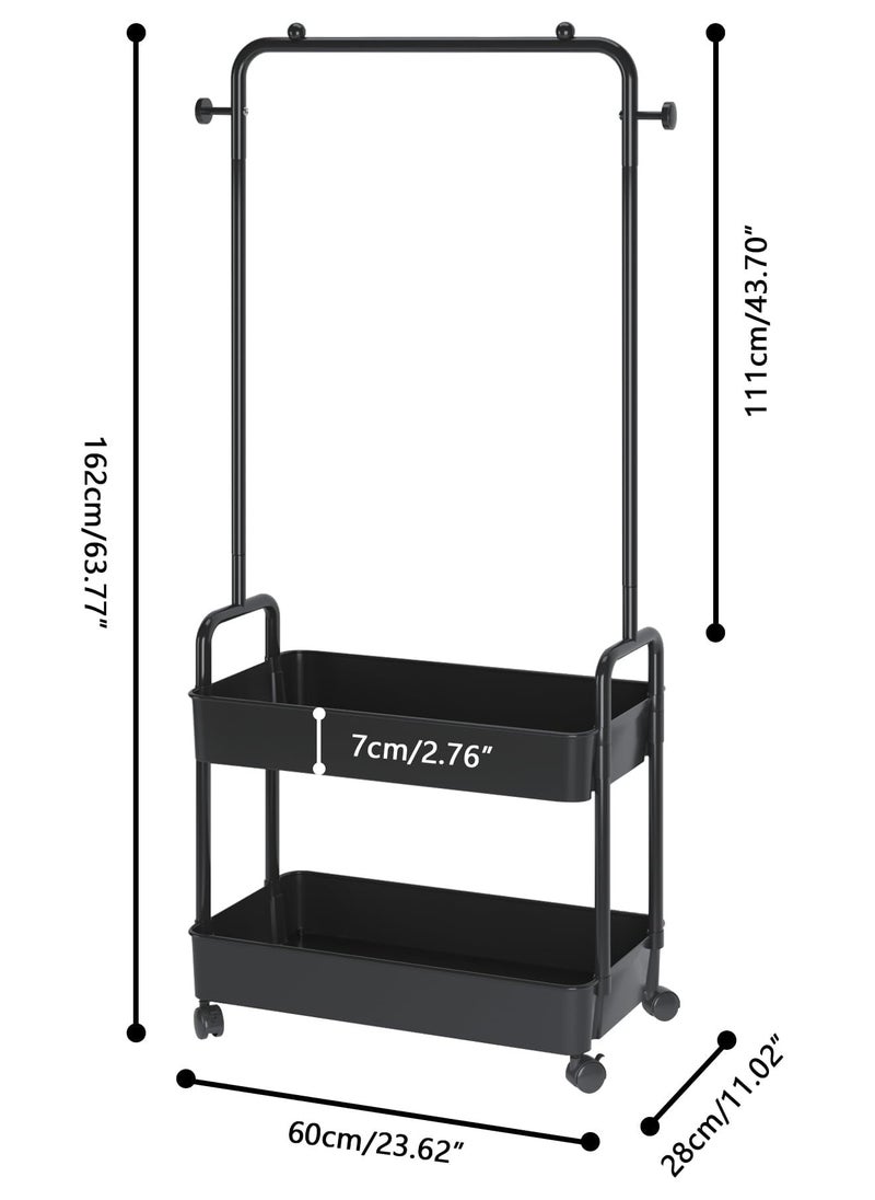 Cuken 2 In 1 Garment Rack, Clothing Rack with 2 Tier Metal Basket, Freestanding Trolley Coat Rack with Wheels, Clothes Rack, Heavy Duty Clothing Rack Clothes for Home Bedroom Laundry (Black)  - Image 2