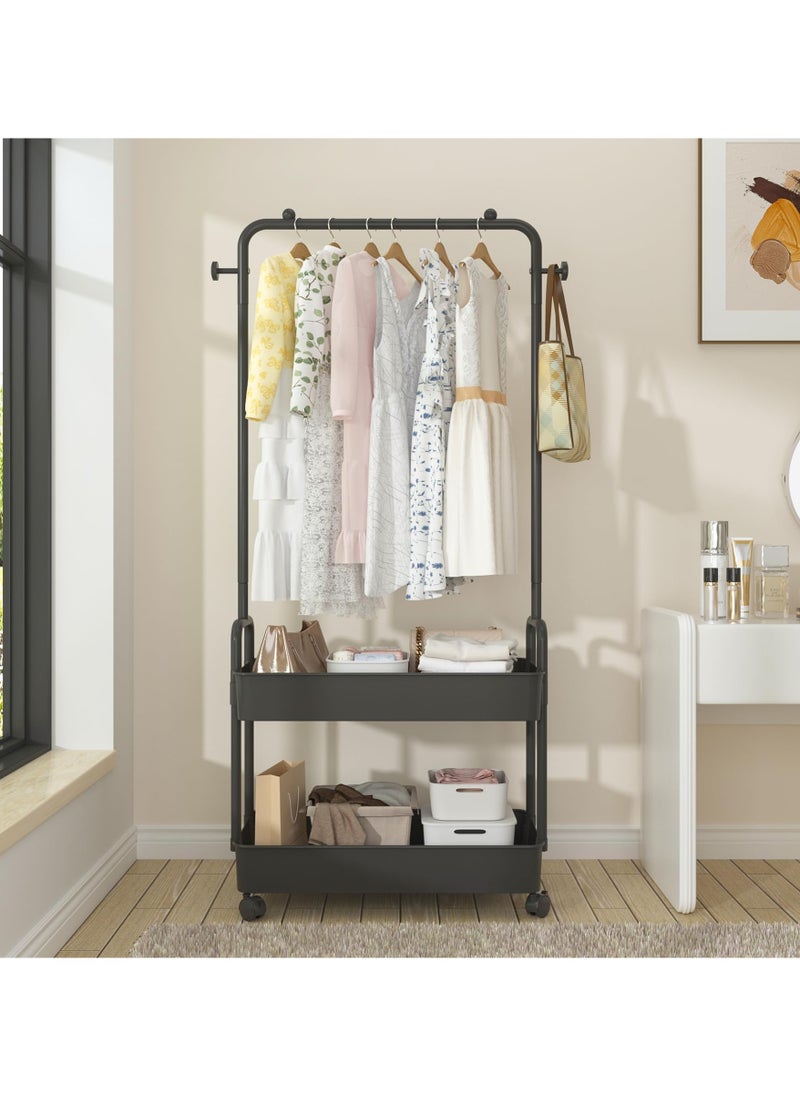 Cuken 2 In 1 Garment Rack, Clothing Rack with 2 Tier Metal Basket, Freestanding Trolley Coat Rack with Wheels, Clothes Rack, Heavy Duty Clothing Rack Clothes for Home Bedroom Laundry (Black)  - Image 3