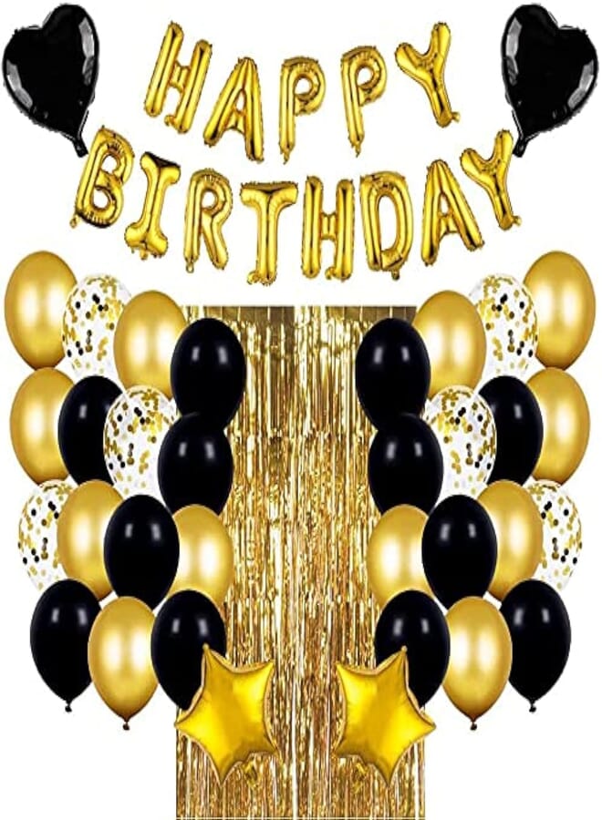 Secret Birthday Party Decorations,49Pcs Black and Gold Birthday Party Supplies Happy Birthday Banner with Latex Balloons , Star/Heart Balloons and foil tassel,Gold Shiny Curtains