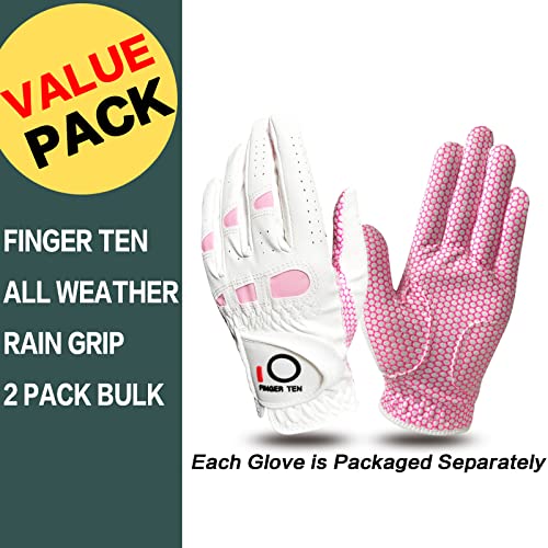 FINGER TEN Womens Lady Weathersof Pro Grip Left and Right Golf Glove Value 2 Pack 2 Pink Medium Left - Image 3