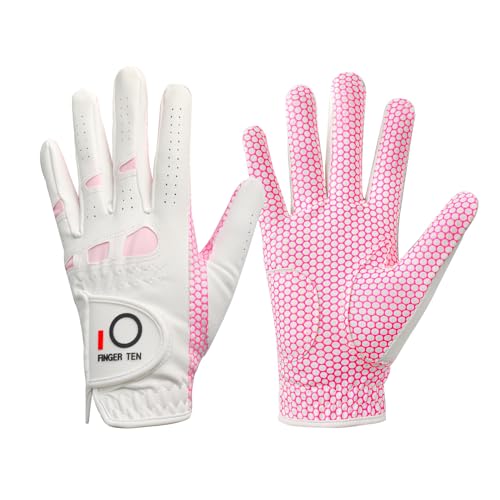 FINGER TEN Womens Lady Weathersof Pro Grip Left and Right Golf Glove Value 2 Pack 2 Pink Medium Left - Image 1