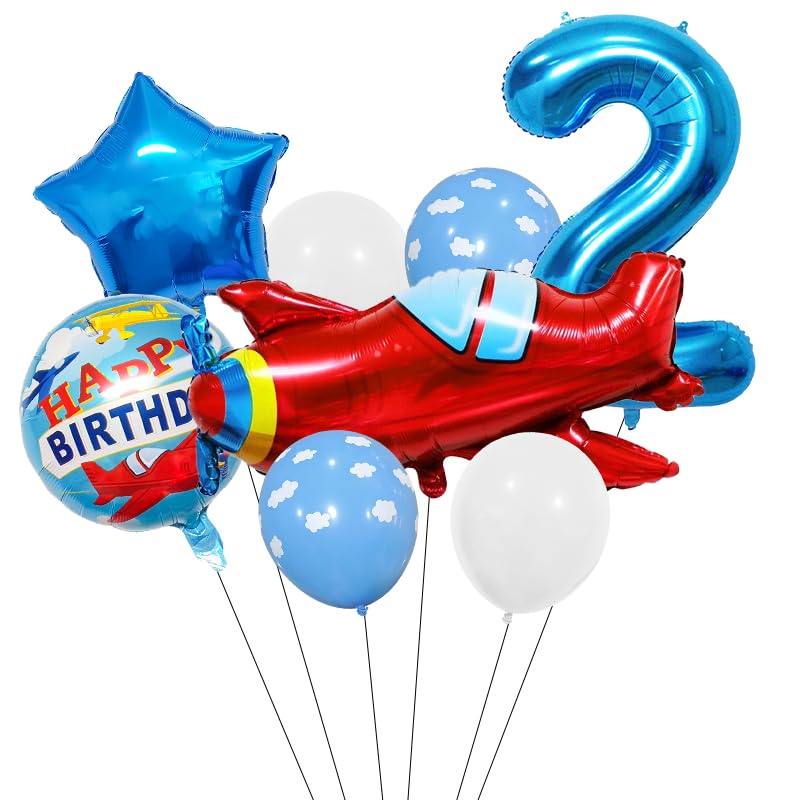 MANGO 2nd Birthday Airplane Balloons Set  8pcs Aircraft Transportation Balloons Number 2 Balloon Blue and Red for Party Helium Foil - Image 1