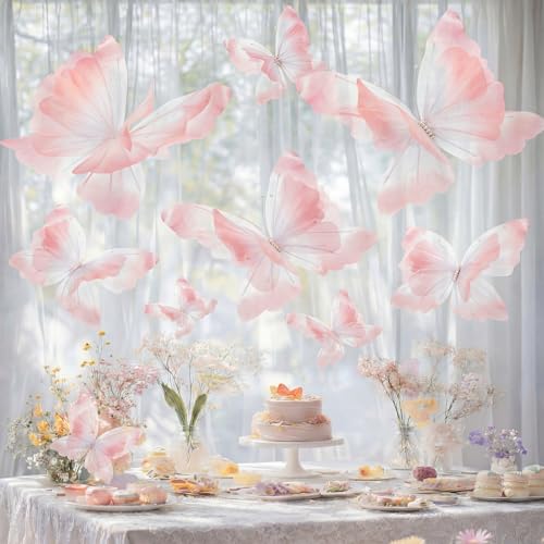 FineCheer 9 Pcs Large Butterfly Decorations Mariposas Grandes para Decoracion 20" 16" 12" Silk 3D Hanging Butterflies with Clips for Baby Shower Birthday Party Wedding Decor(Pink) - Image 3