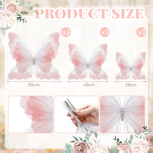 FineCheer 9 Pcs Large Butterfly Decorations Mariposas Grandes para Decoracion 20" 16" 12" Silk 3D Hanging Butterflies with Clips for Baby Shower Birthday Party Wedding Decor(Pink) - Image 2