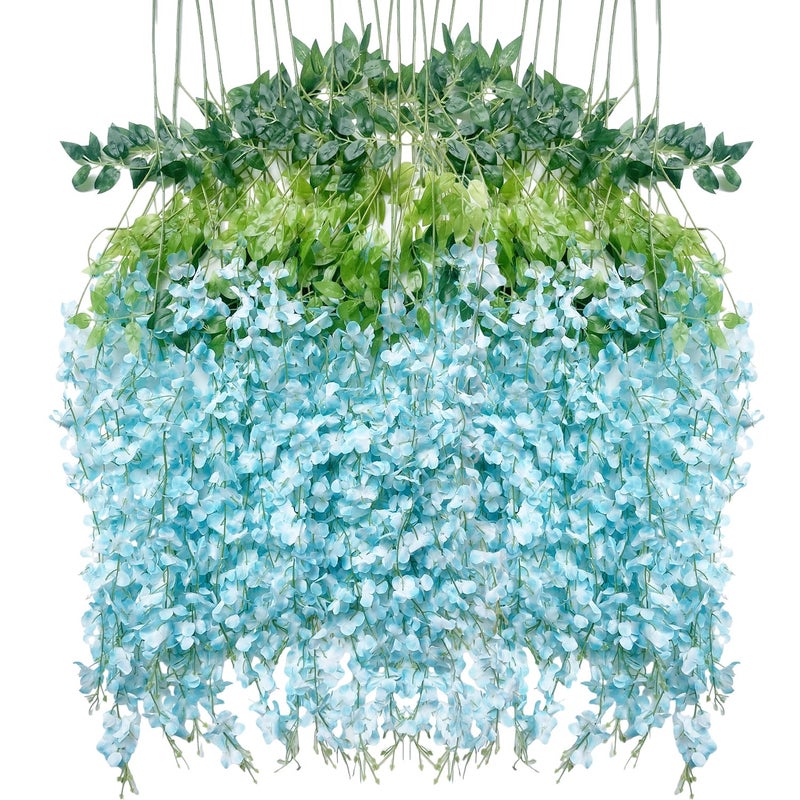 WONICE Artificial Wisteria Hanging Flowers Fake Wisteria Flower Garland Silk Vines Rattan Decor for Home Wedding Arch Wall Garden Greenery Bedroom Outdoor Office Party Decoration (12, Blue) - Image 1