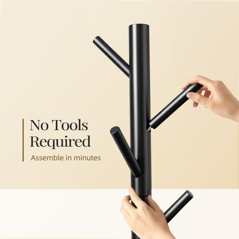 Pipishell Sturdy Wooden Coat Stand, 3 Adjustable Sizes Coat Tree with 8 Hooks, Coat Stands for Hallway Entryway, Hat Stand for Clothes, Used in Bedroom/Office/Hallway/Entryway, Black - Image 4