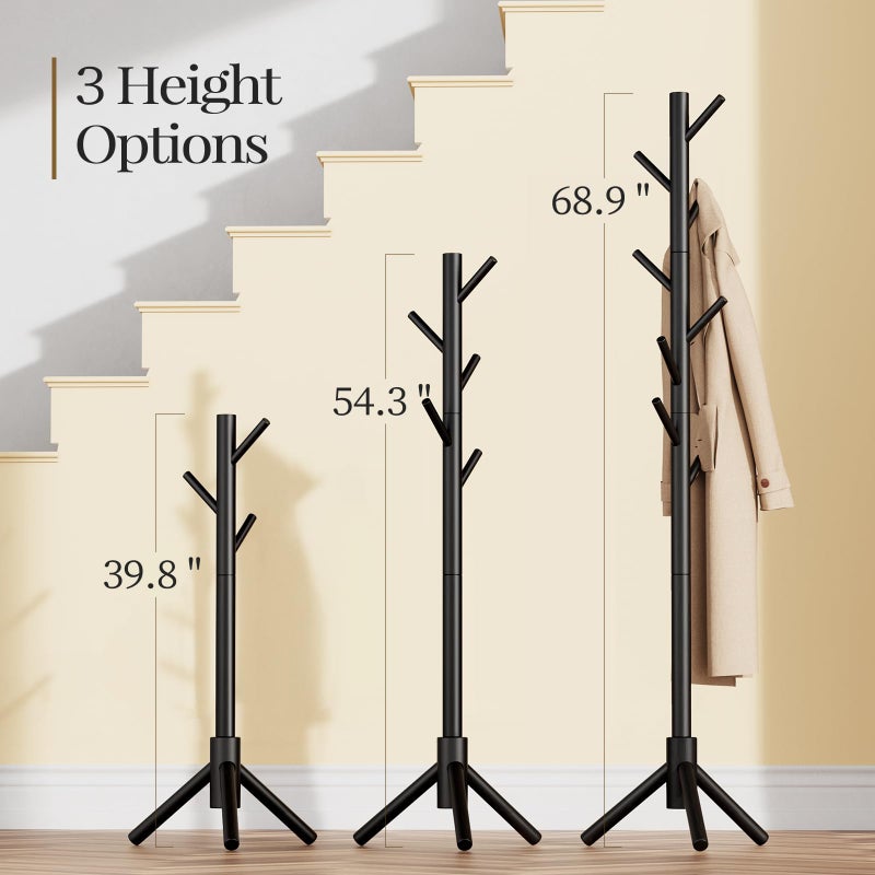 Pipishell Sturdy Wooden Coat Stand, 3 Adjustable Sizes Coat Tree with 8 Hooks, Coat Stands for Hallway Entryway, Hat Stand for Clothes, Used in Bedroom/Office/Hallway/Entryway, Black - Image 2