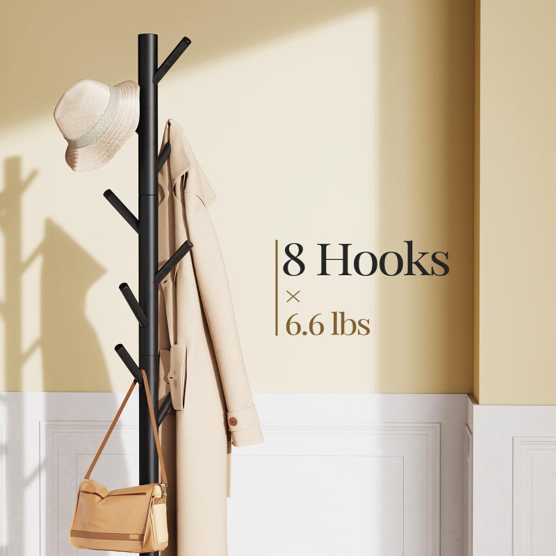 Pipishell Sturdy Wooden Coat Stand, 3 Adjustable Sizes Coat Tree with 8 Hooks, Coat Stands for Hallway Entryway, Hat Stand for Clothes, Used in Bedroom/Office/Hallway/Entryway, Black - Image 1