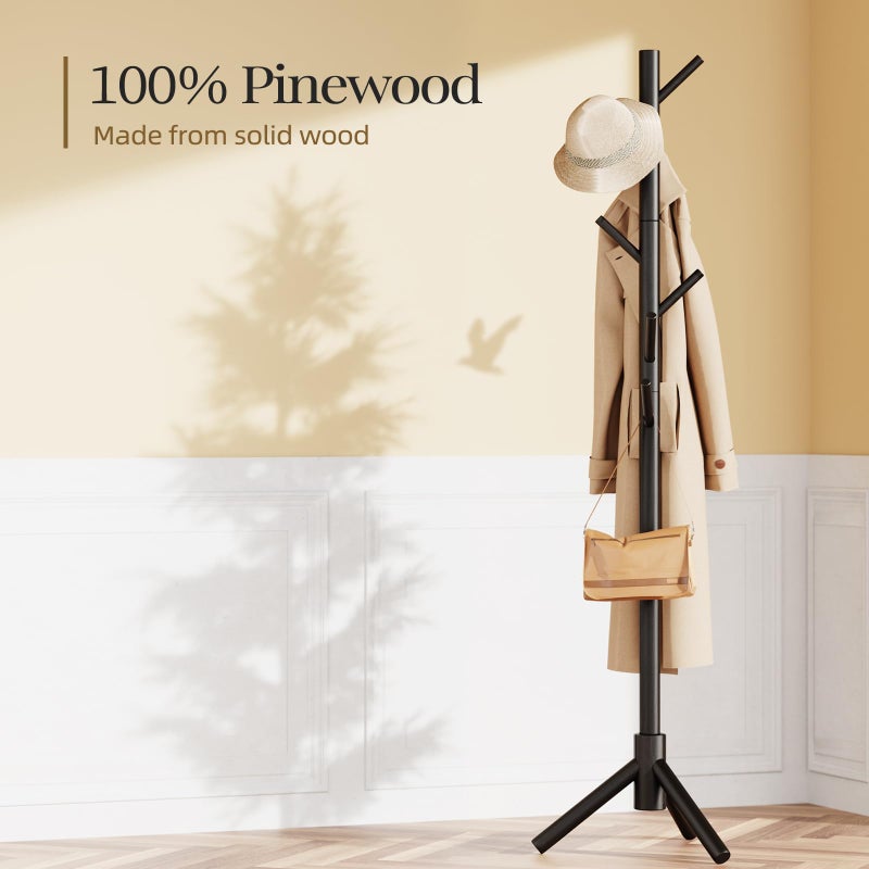 Pipishell Sturdy Wooden Coat Stand, 3 Adjustable Sizes Coat Tree with 8 Hooks, Coat Stands for Hallway Entryway, Hat Stand for Clothes, Used in Bedroom/Office/Hallway/Entryway, Black - Image 3