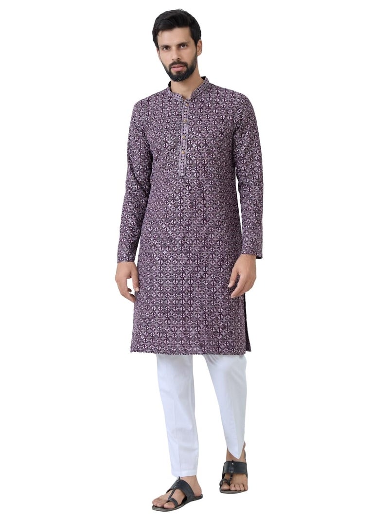 See Designs Men's Full Sleeve Mandarin Collar Men Purple-Lavender Embroidered Mandarin Collar Straight Long Kurta - Festive Collection | - SDKT2898L - Image 1