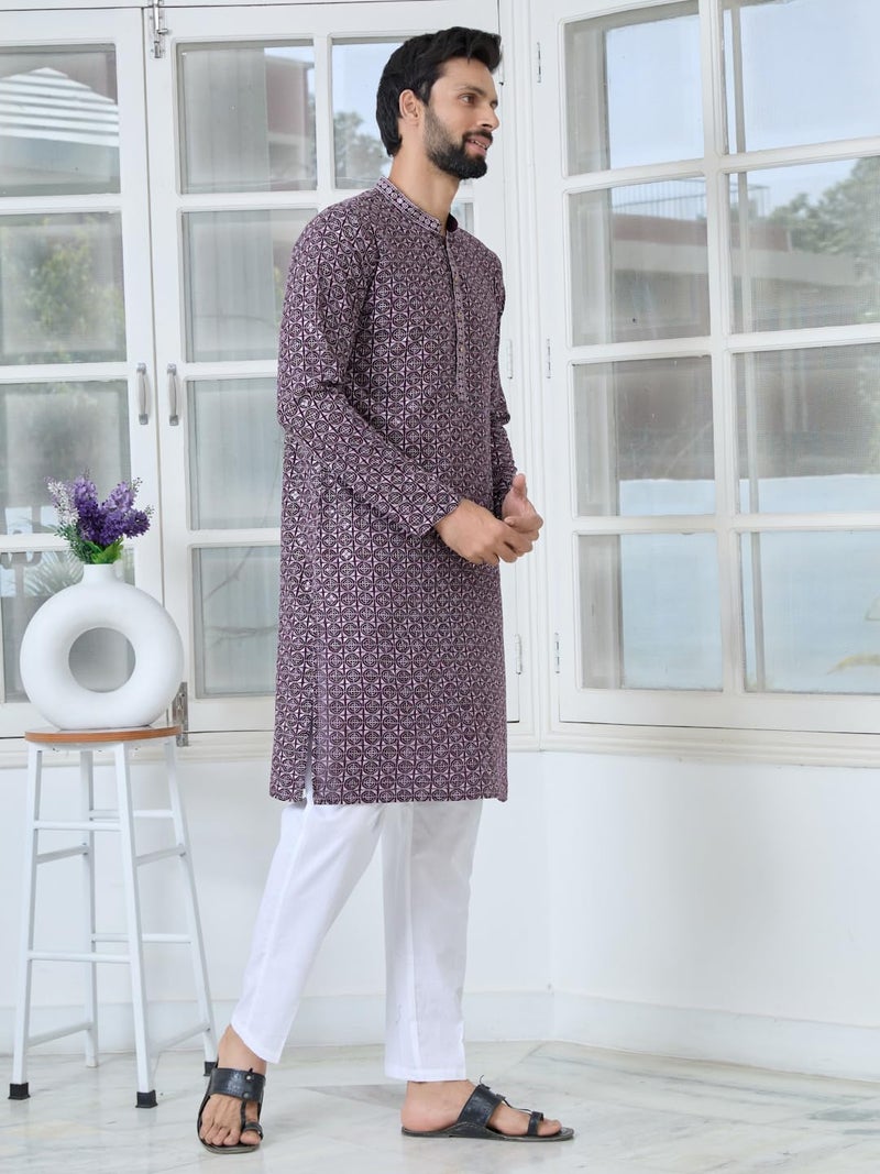 See Designs Men's Full Sleeve Mandarin Collar Men Purple-Lavender Embroidered Mandarin Collar Straight Long Kurta - Festive Collection | - SDKT2898L - Image 3