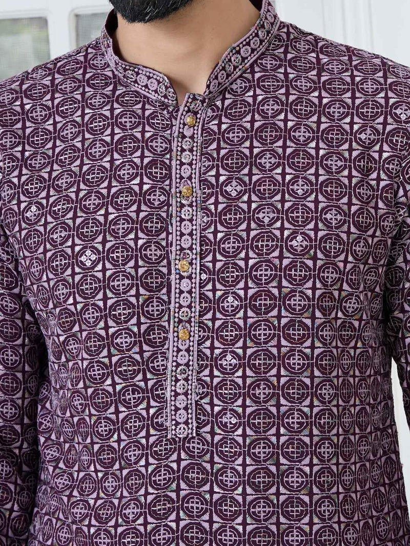 See Designs Men's Full Sleeve Mandarin Collar Men Purple-Lavender Embroidered Mandarin Collar Straight Long Kurta - Festive Collection | - SDKT2898L - Image 2