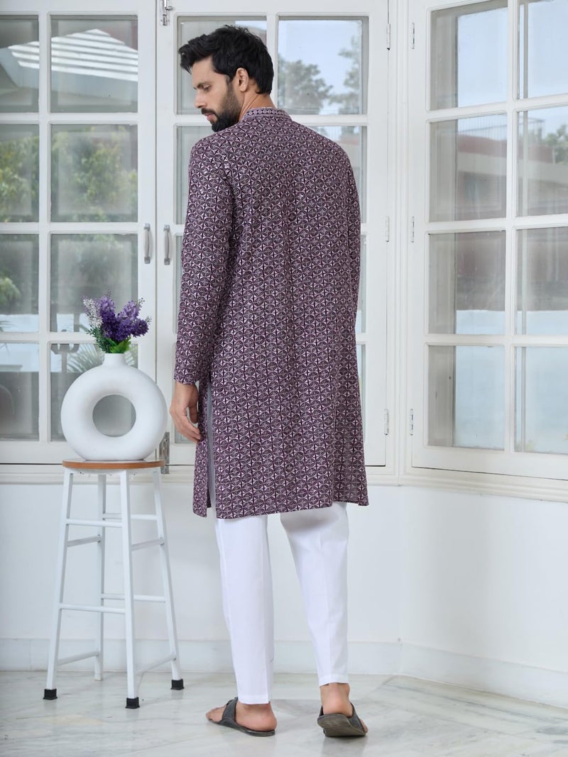 See Designs Men's Full Sleeve Mandarin Collar Men Purple-Lavender Embroidered Mandarin Collar Straight Long Kurta - Festive Collection | - SDKT2898L - Image 4