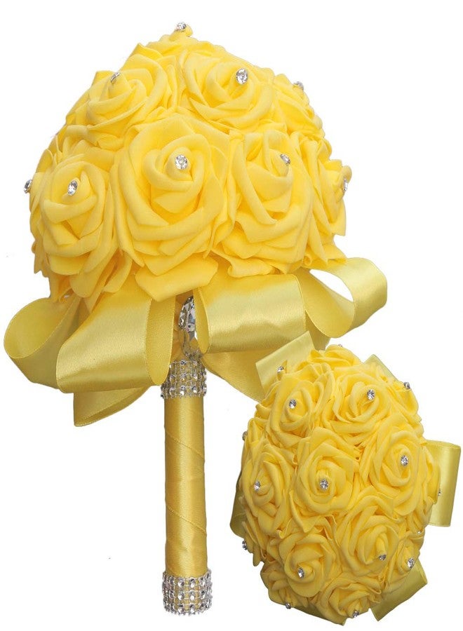 Flonding Bride Holding Bouquet for Bridesmaids with Crystal Diamond Ribbons Artificial PE Foam Rose Bridal Flowers Bouquets for Wedding Party Church (Yellow) - Image 1