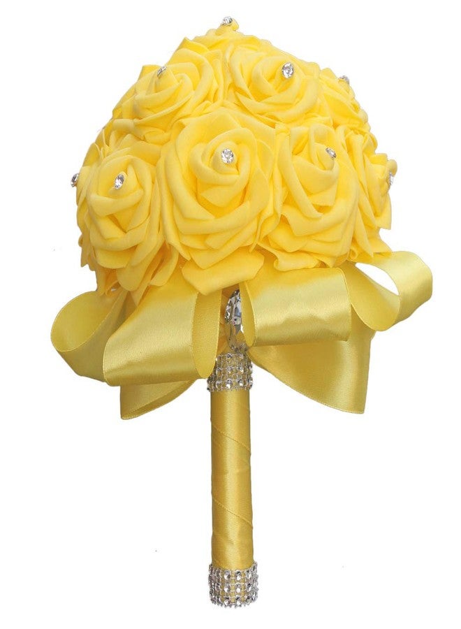 Flonding Bride Holding Bouquet for Bridesmaids with Crystal Diamond Ribbons Artificial PE Foam Rose Bridal Flowers Bouquets for Wedding Party Church (Yellow) - Image 2