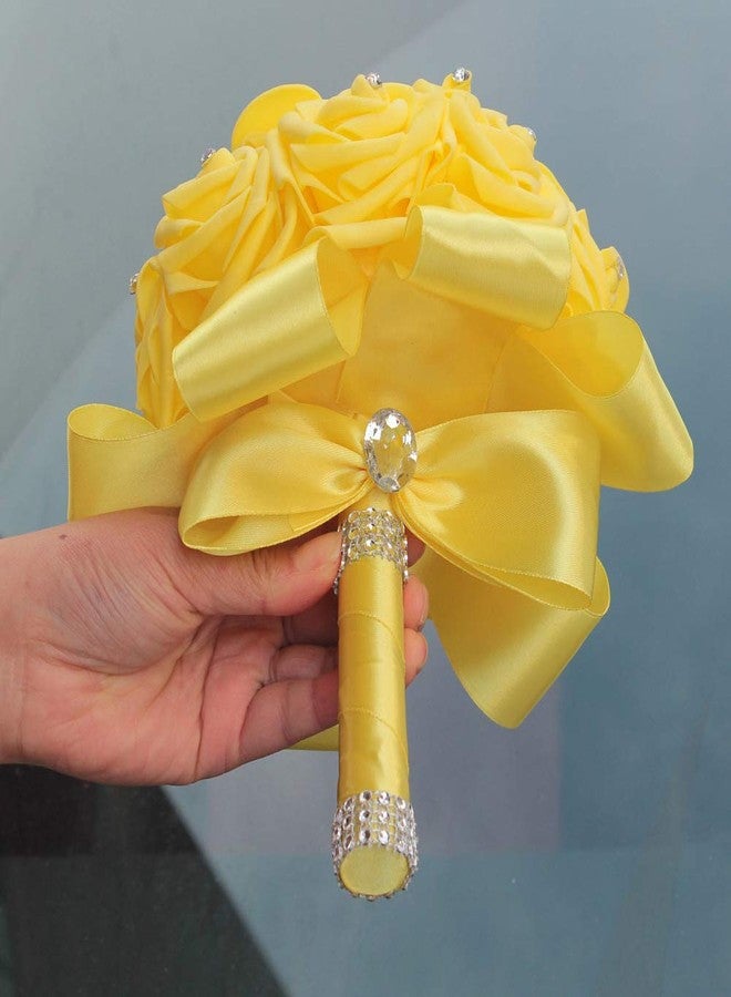 Flonding Bride Holding Bouquet for Bridesmaids with Crystal Diamond Ribbons Artificial PE Foam Rose Bridal Flowers Bouquets for Wedding Party Church (Yellow) - Image 3