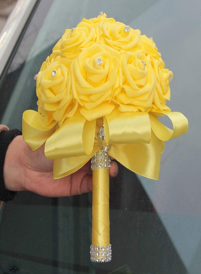 Flonding Bride Holding Bouquet for Bridesmaids with Crystal Diamond Ribbons Artificial PE Foam Rose Bridal Flowers Bouquets for Wedding Party Church (Yellow) - Image 4