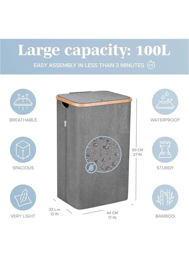 HOOKOR 110L Double Laundry Hamper with Lid, Large Laundry Basket with plastic Handles and Removable Laundry Bags, Foldable Clothes Hampers for Laundry for Bedroom, Bathroom, Dorm (Gray) - Image 2