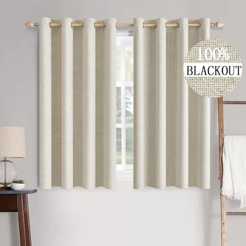 MIULEE 100 Blackout Linen Textured Curtains for Bedroom Solid Thermal Insulated Cream Grommet Room Darkening Curtains Drapes Luxury Decor for Living Room Nursery 52 x 63 Inch 2 Panels