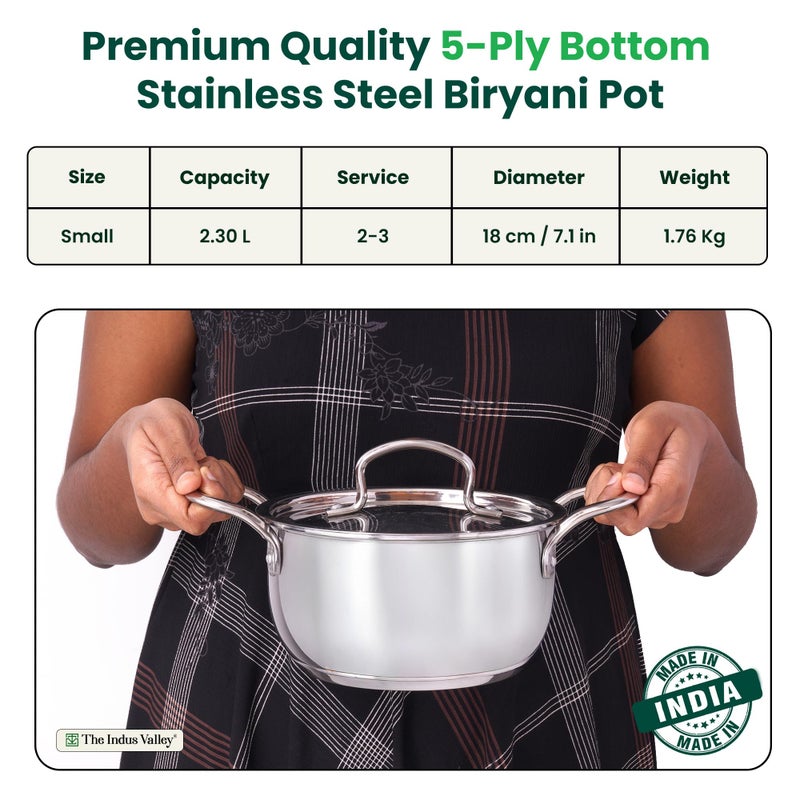 The Indus Valley The Indus Valley Triply Stainless Steel Casserole Stock Pot/Briyani Pot with 5-Ply Thick Bottom Stainless Steel Lid | 18cm/ 7.1 inch, 2.3Ltr, 1.76kg | Induction Friendly | 100% Toxin-Free  - Image 2