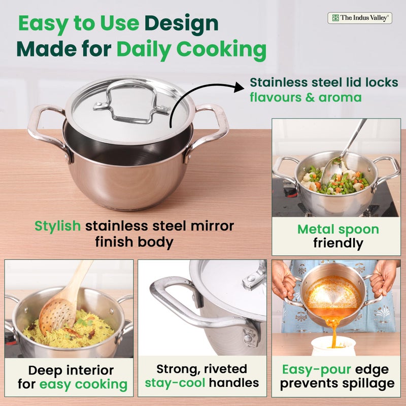 The Indus Valley The Indus Valley Triply Stainless Steel Casserole Stock Pot/Briyani Pot with 5-Ply Thick Bottom Stainless Steel Lid | 18cm/ 7.1 inch, 2.3Ltr, 1.76kg | Induction Friendly | 100% Toxin-Free  - Image 5