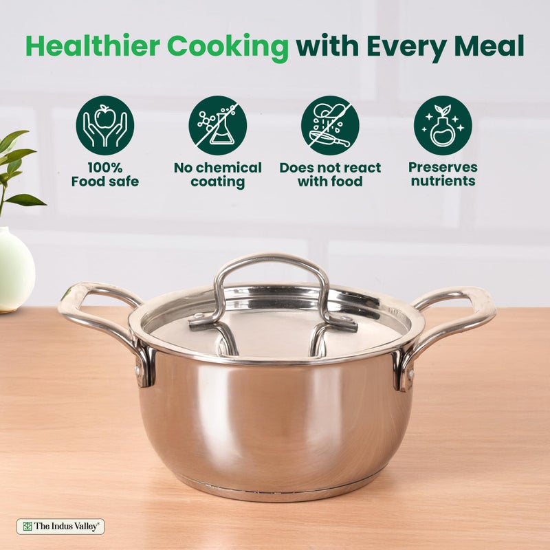 The Indus Valley The Indus Valley Triply Stainless Steel Casserole Stock Pot/Briyani Pot with 5-Ply Thick Bottom Stainless Steel Lid | 18cm/ 7.1 inch, 2.3Ltr, 1.76kg | Induction Friendly | 100% Toxin-Free  - Image 3