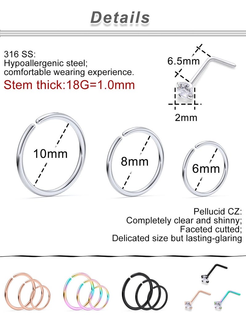Ocptiy 18G Nose Ring for Nose Piercing Jewelry Nose Stud Women Stainless Surgical Steel Nose Ring Hoop L Shaped Nose Rings Studs Body Piercings Hoop Jewelry for Women Men 2MM - Image 4