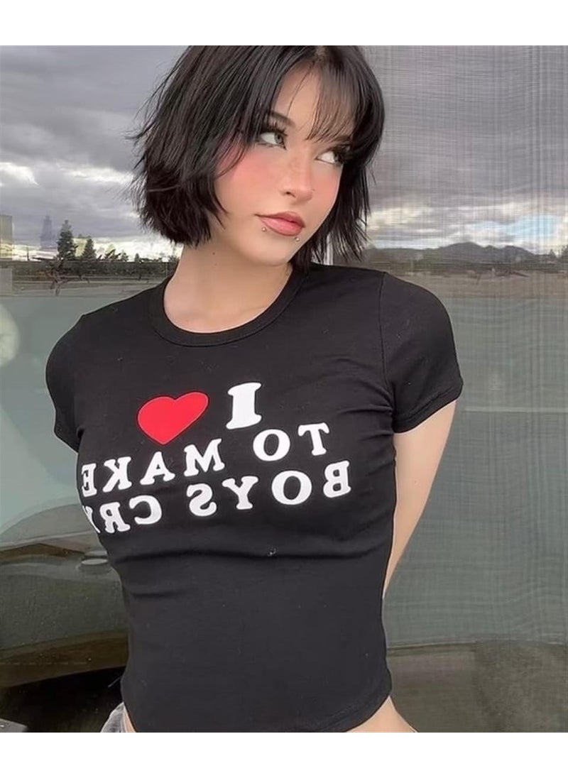 TouzModa - Touz Moda I Love To Make Boys Cry Printed Black Crop - Image 1