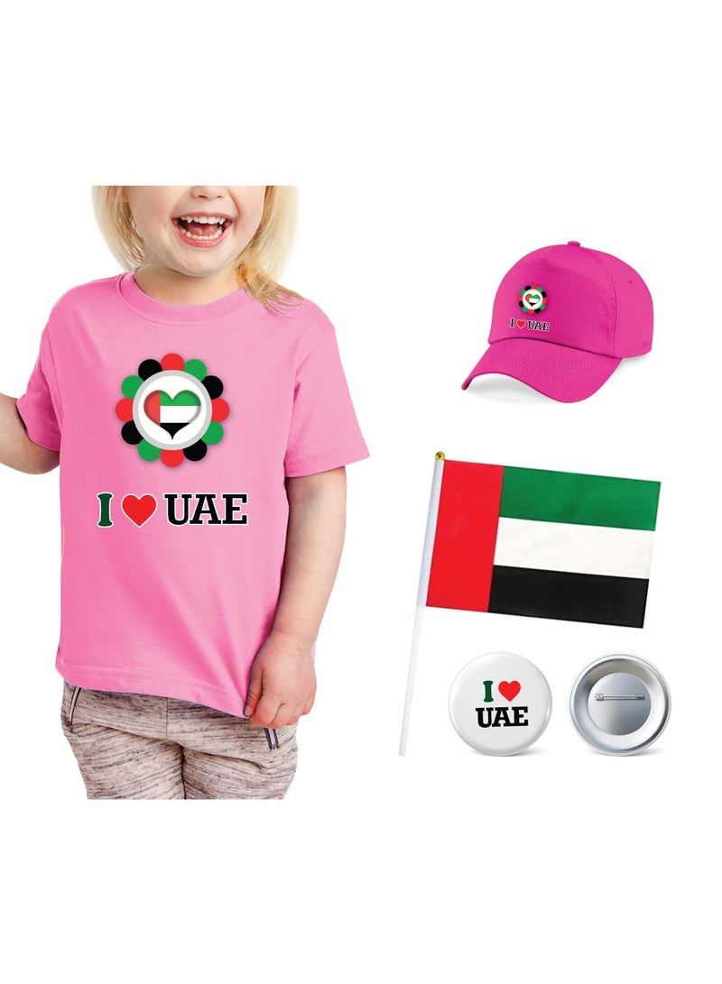 تي شيرت كيدز الإمارات العربية المتحدة للبنات - قبعة - مجموعة مكونة من 4 قطع - علم وشارة - Image 1