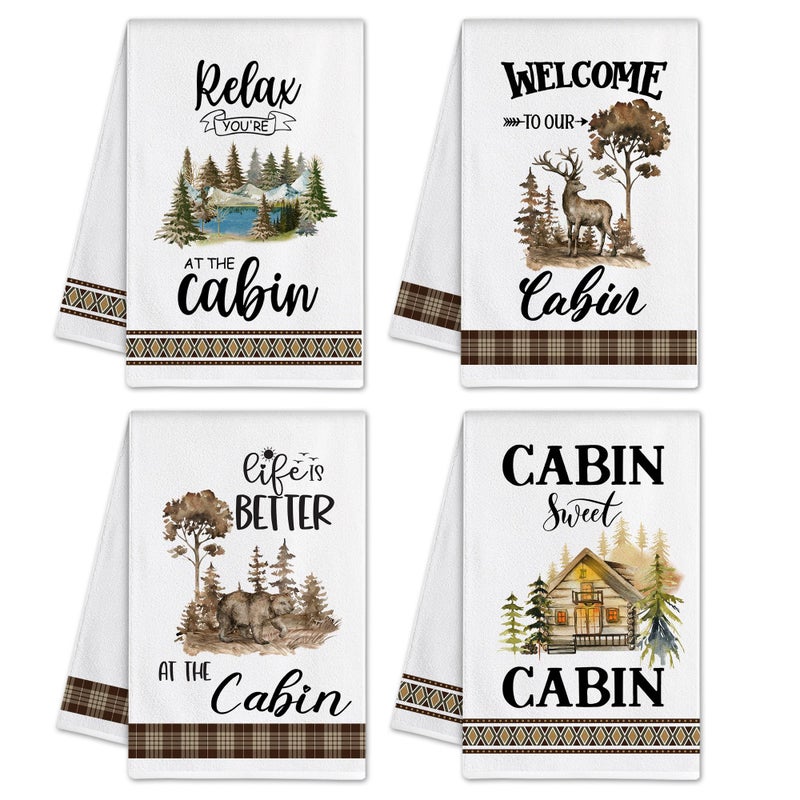 pinata Cabin Decor, Log Cabin Kitchen Towels Set of 4, Rustic Farmhouse Dishes Hand Towels for Home Kitchen Housewarming Gifts - Image 1