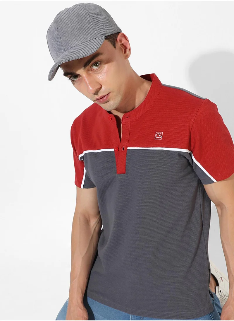 كامبوس سوترا Campus Sutra Men's Multicolor Colorblock Mandarin Collar Half Sleeve Regular Fit Casual T-Shirt For Casual Wear |  T-Shirt Crafted With Comfort Fit & High-Performance For Everyday Wear