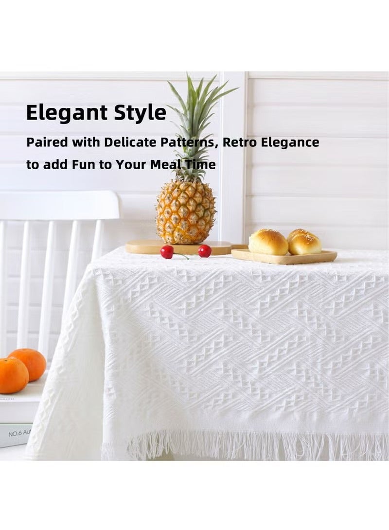 Cotton and Linen Tablecloth with Tassel, Heat Insulation Lace Rectangle Desktop Table Cover, Home Decoration Outdoor Dining Table, 90*90 CM, White - Image 3