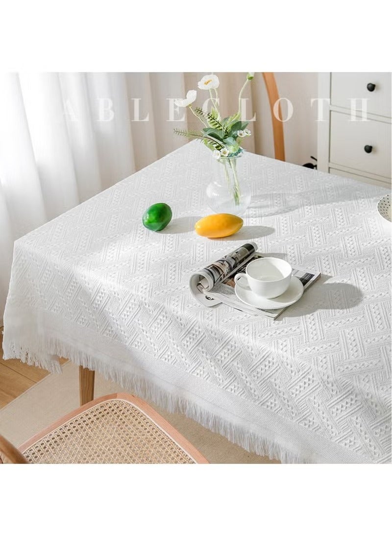 Cotton and Linen Tablecloth with Tassel, Heat Insulation Lace Rectangle Desktop Table Cover, Home Decoration Outdoor Dining Table, 90*90 CM, White - Image 1