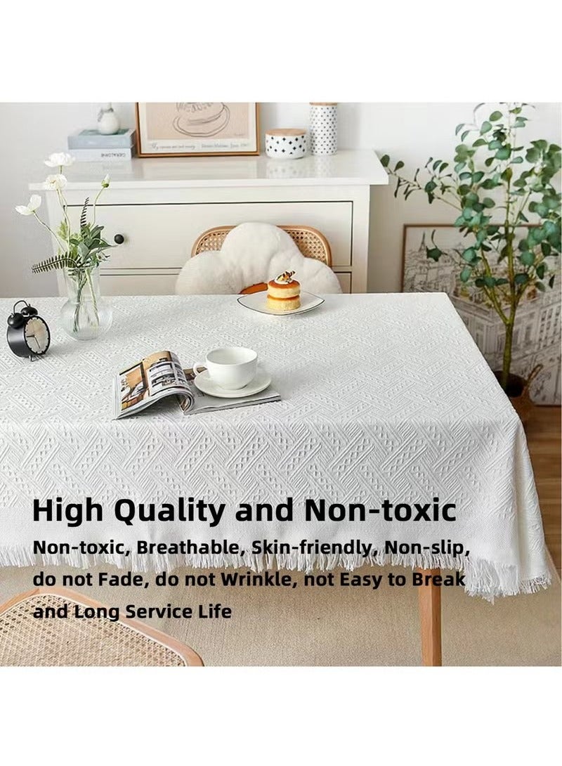 Cotton and Linen Tablecloth with Tassel, Heat Insulation Lace Rectangle Desktop Table Cover, Home Decoration Outdoor Dining Table, 90*90 CM, White - Image 2