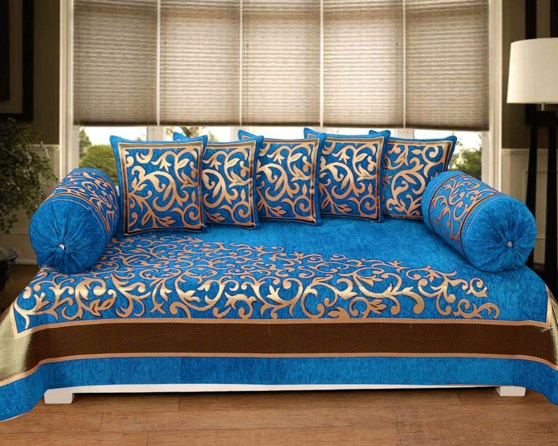 FRESH FROM LOOM 500 Tc Chenille Diwan Set for Living Room, Dining Hall (Blue, Single Bed) -8 Pieces - Image 5