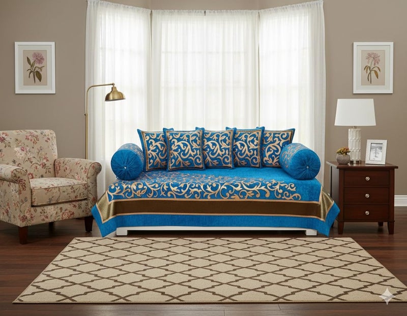 FRESH FROM LOOM 500 Tc Chenille Diwan Set for Living Room, Dining Hall (Blue, Single Bed) -8 Pieces - Image 1