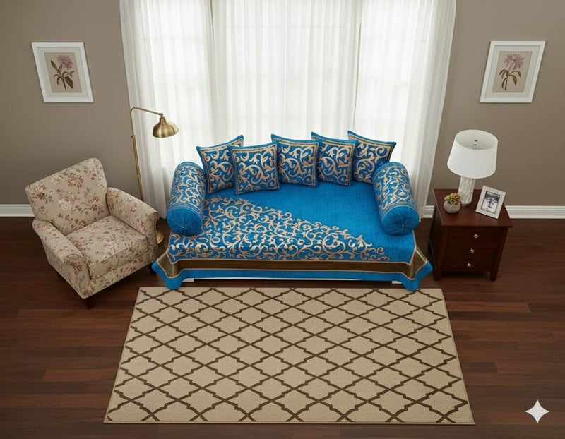 FRESH FROM LOOM 500 Tc Chenille Diwan Set for Living Room, Dining Hall (Blue, Single Bed) -8 Pieces - Image 3