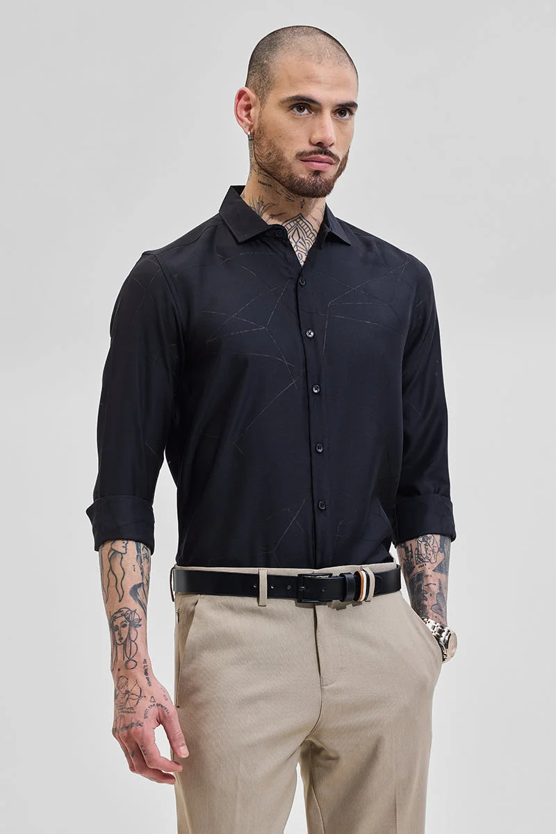 SNITCH Black Geometric Long Sleeve Slim Fit Shirt