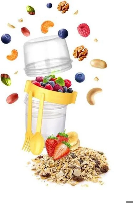 Hane216 Double Chamber - Portable Muesli with Fork and Spoon - Snack Container 1100 ml