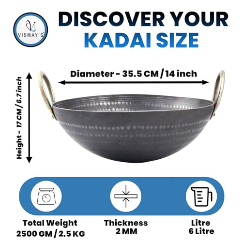 VISMAY'S 6 Litre 14 inch Food Grade Iron Kadai India’s 1st Smooth Edge Kadhai Strong Riveted Handle Traditional Frying Pan Wok Hammered Heavy Base Metal Spoon Friendly Works on Gas and Induction - Image 2